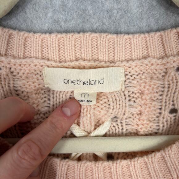 One The Land Sweater Medium Pink Cable Lace Up Back Flowy Feminine Twee Coquette - Picture 6 of 13